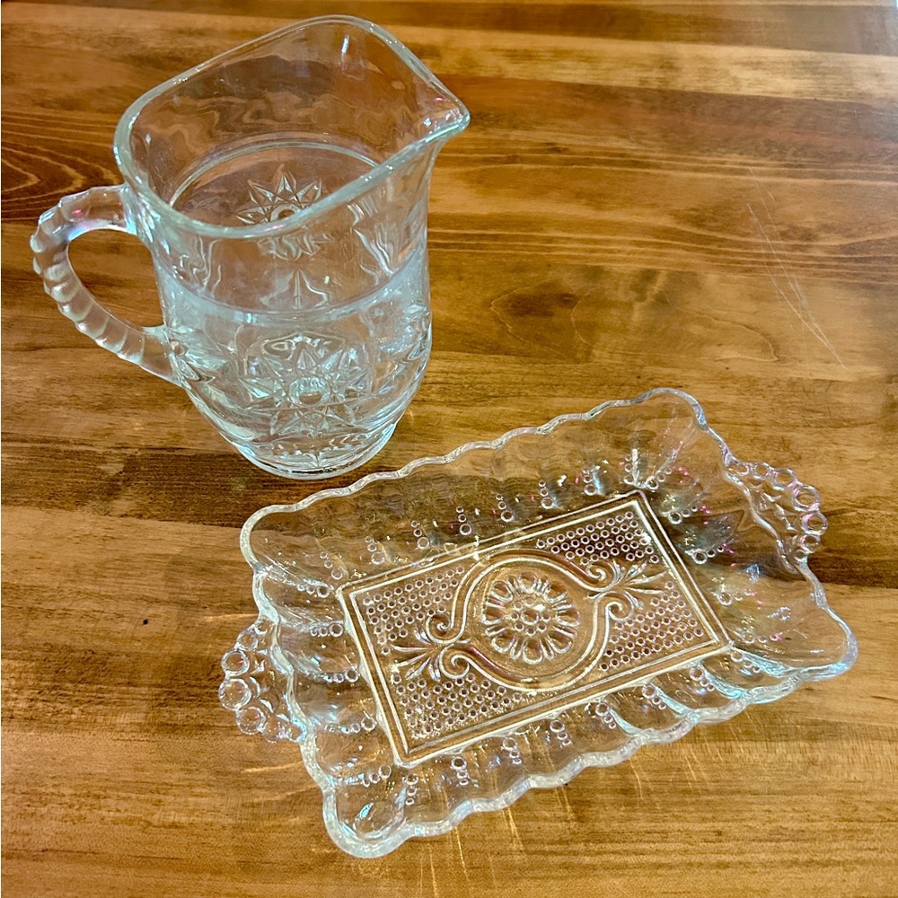 Vintage Anchor Hocking Dish and Pitcher Pressed Glass 1950s MCM